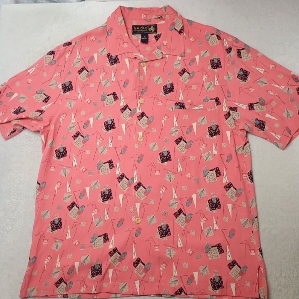 Nat Nast Shirt Men Medium Pink As Time Goes By Silk Camp Geometric Limited